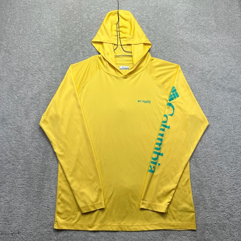 Columbia Long Sleeve Hoodie Shirt Mens L Yellow PFG Terminal Tackle Omni-Shade